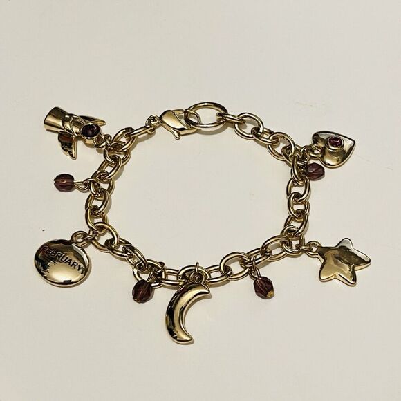 Birthstone Amethyst Charm Bracelet Angel Heart Moon Star Gold Chain - Picture 1 of 7